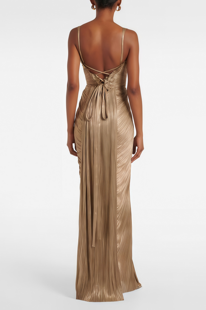 Nicoletta Gold Glossy Pleated Corset Maxi Dress