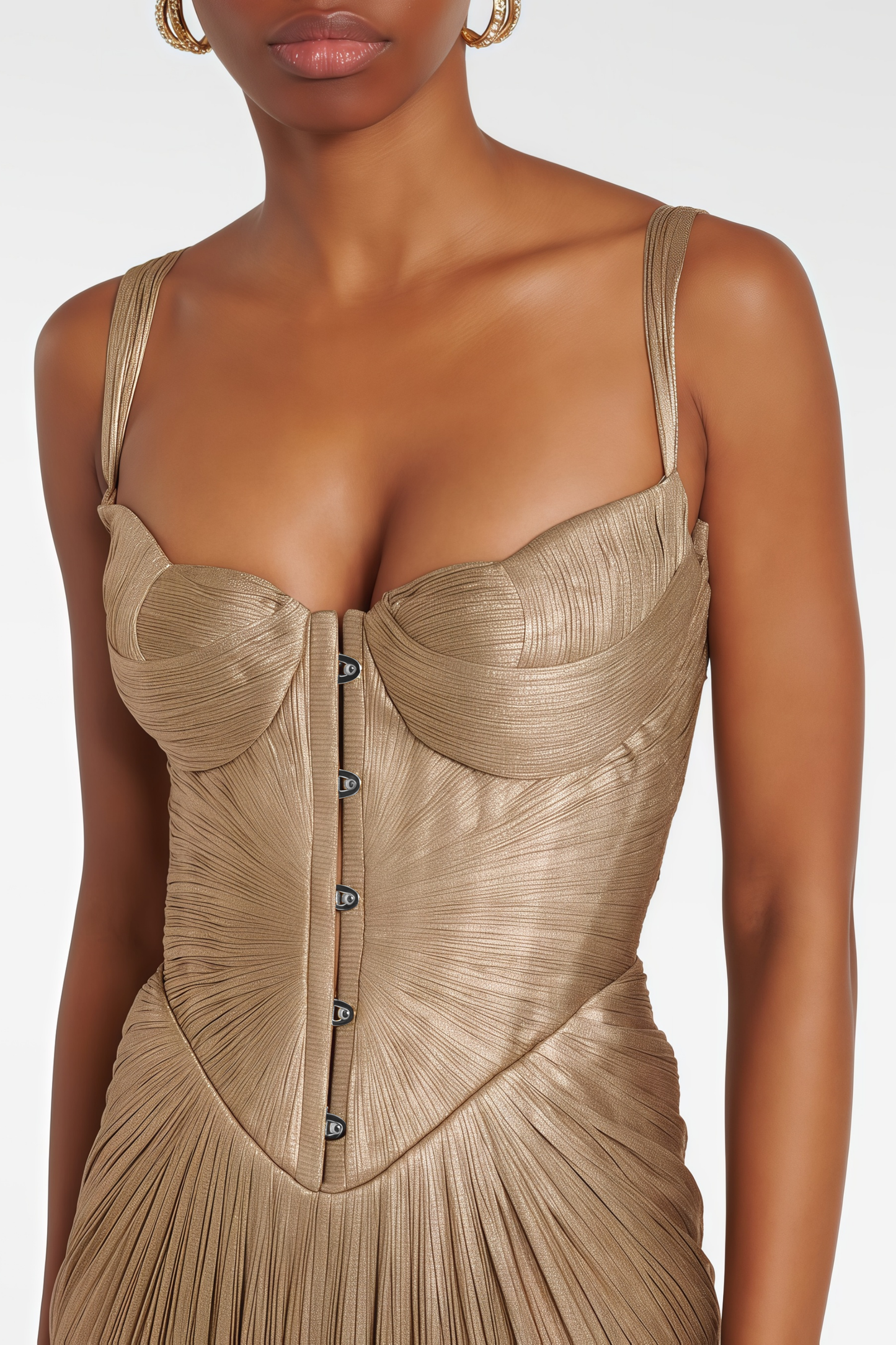 Nicoletta Gold Glossy Pleated Corset Maxi Dress