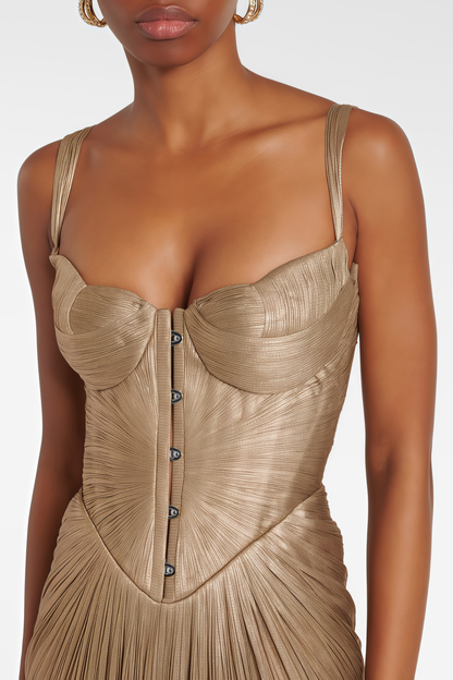 Nicoletta Gold Glossy Pleated Corset Maxi Dress
