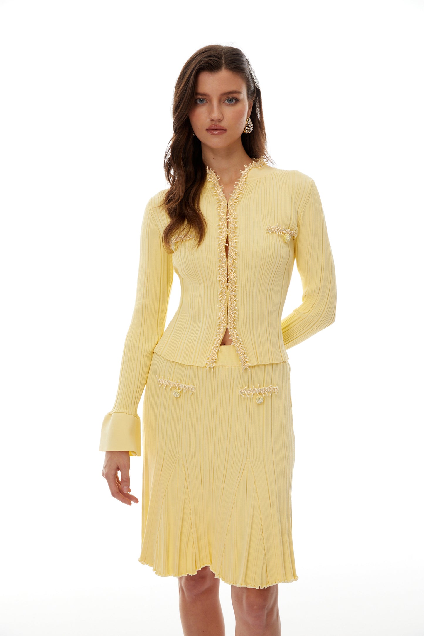 Sólveig Yellow Beaded Knit Blouse & Skirt Set