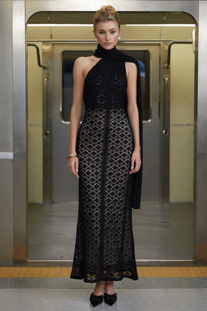 Thale Black Scarf Design Knit Maxi Dress