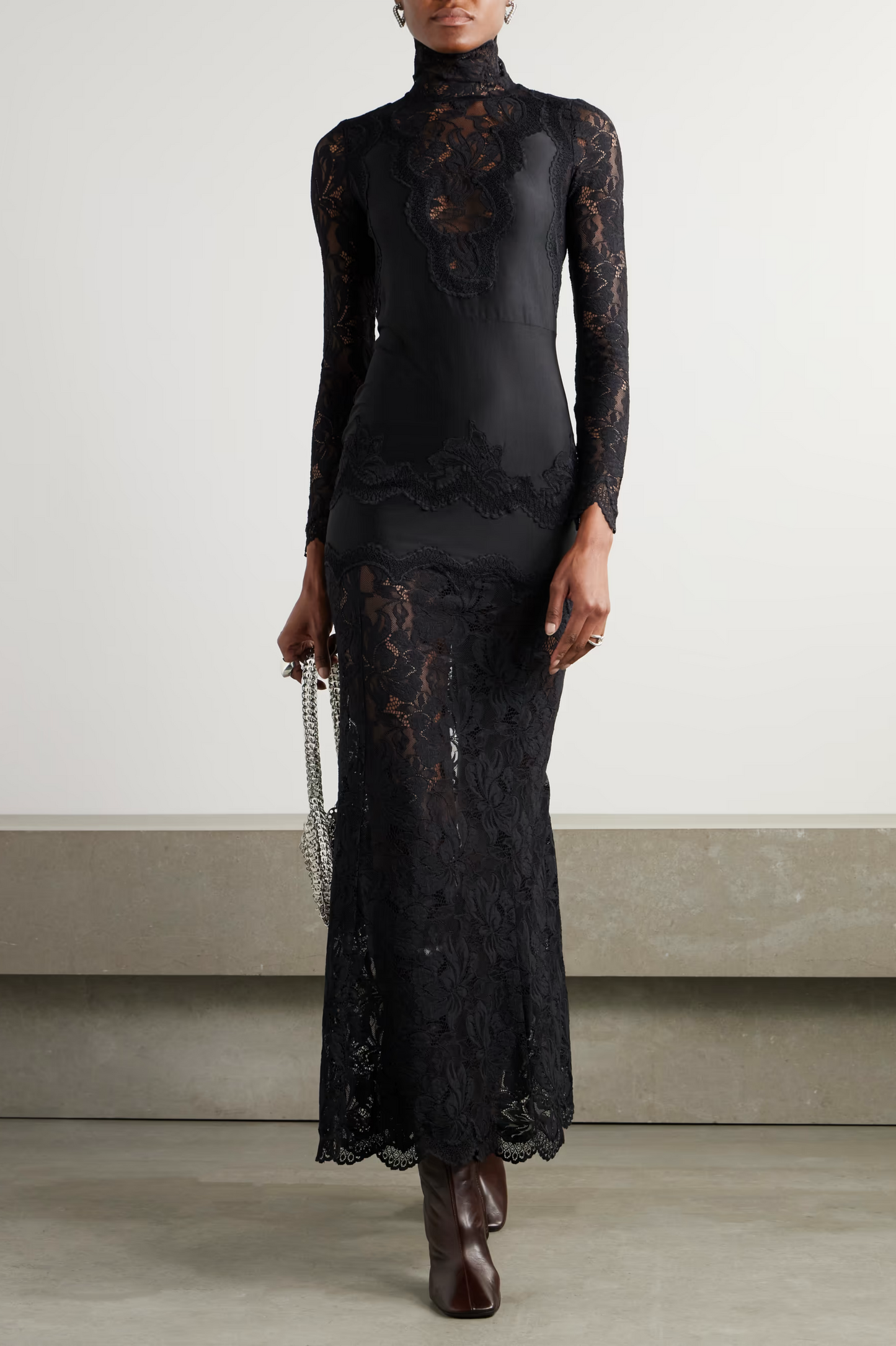 Airelle Black Satin Panel Lace Maxi Dress
